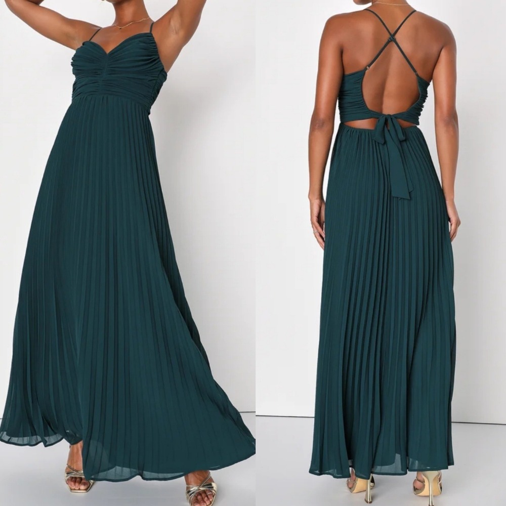 NEW Lulus Feeling Marvelous Pleated‎ Tie Back Maxi Dress Sz S Emerald Green NWT